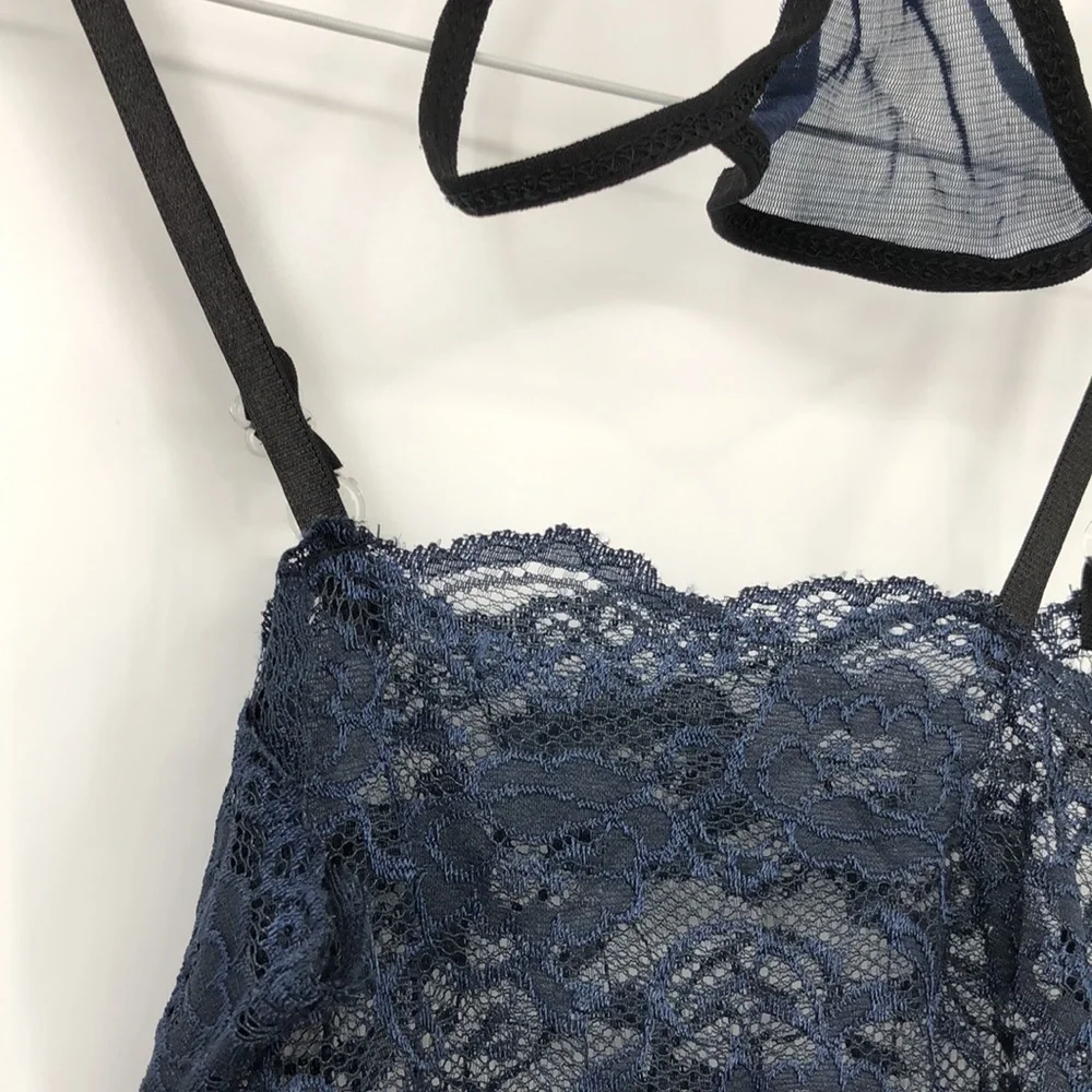 3/$25 Handkerchief Style Babydoll Chemise with Thong Dark Blue and Black Size M